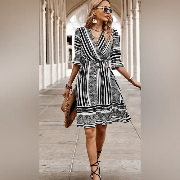 Black/White Boho Midi Dress - Picture 1 of 3